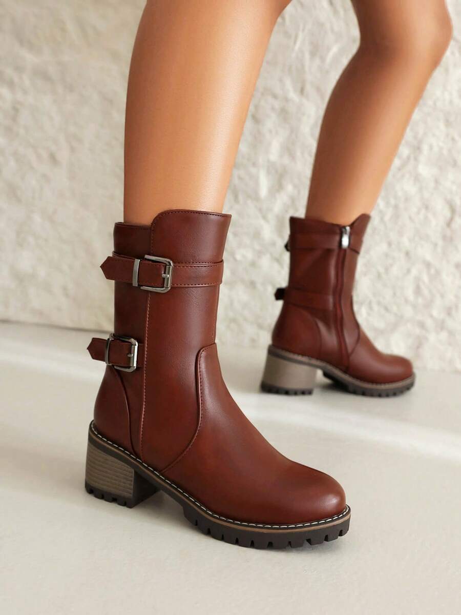 女式粗跟机车靴，PU 皮革，防水厚底，圆头，保暖内衬，秋冬新品，时尚女式短靴，加大码 - 棕色 - 查看 1