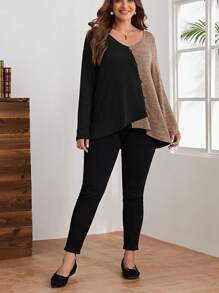Plus Two Tone Button Front Tee - Khaki - View 4