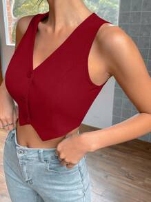 SHEIN EZwear 秋冬款纽扣前短款背心 - 紅色 - 查看 6