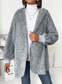 SHEIN Maternity Open Front Hooded Teddy Coat, For Winter