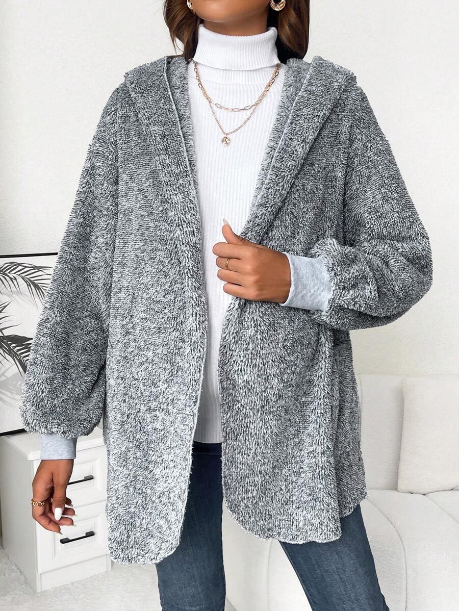 SHEIN Maternity Open Front Hooded Teddy Coat, For Winter