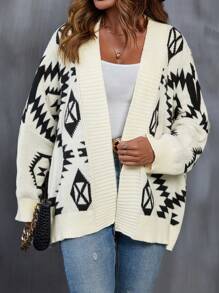 SHEIN LUNE Cardigan à encolure dégagée à motif géométrique - Noir et Blanc - Voir 1