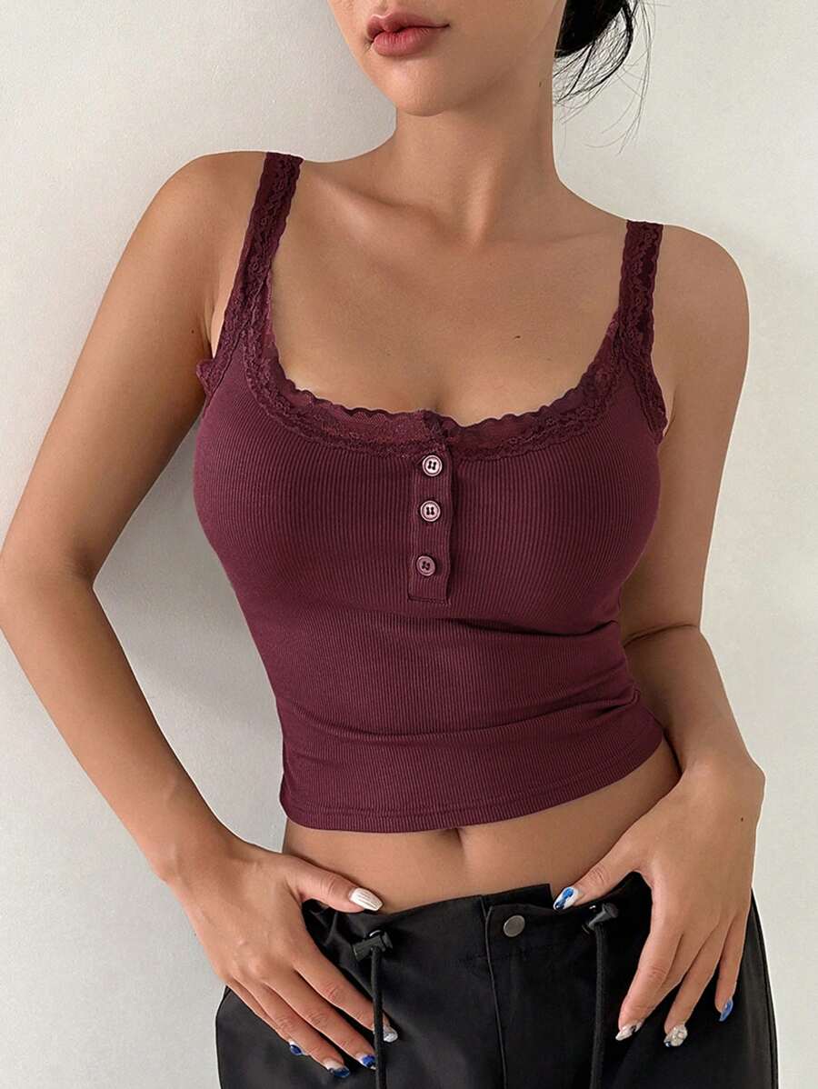 DAZY Lace Trim Button Front Crop Cami Top - Burgundy - View 1