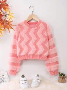 SHEIN Tween Girl Chevron Pattern Fuzzy Knit Sweater - Pink - View 1