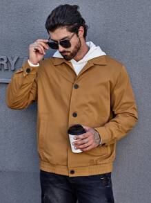 Manfinity Homme Men's Loose Fit Button Up Jacket With Slant Pocket - Brown - View 3