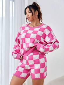 SHEIN EZwear Plus Checker Pattern Drop Shoulder Sweater & Knit Shorts