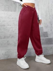 SHEIN Cottnline Solid Slant Pocket Sweatpants - Burgundy - View 3