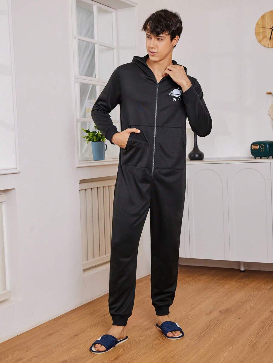 男士卡通圖案拉鏈開襟連帽連體睡衣 - 黑色 - 查看 1