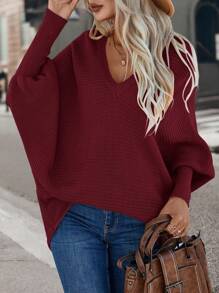 SHEIN LUNE 蝙蝠袖罗纹针织毛衣，长袖上衣 - 酒紅色 - 查看 3