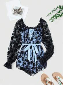 SHEIN Unity Floral Print Flare Sleeve Belted Lace Romper - Multicolor - View 1