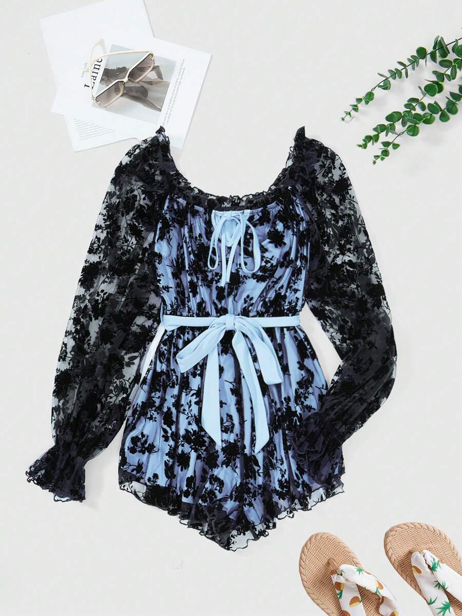 SHEIN Unity Floral Print Flare Sleeve Belted Lace Romper - Multicolor - View 1