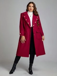 SHEIN Clasi Talla grande Abrigo de cuello con solapa con doble bolsillo con botón delantero - Burdeos - Ver 5
