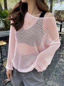 DAZY Solid Drop Shoulder Open Knit Sweater Without Bra - Pink - View 1