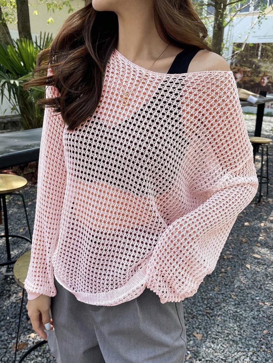 DAZY Solid Drop Shoulder Open Knit Sweater Without Bra - Pink - View 1