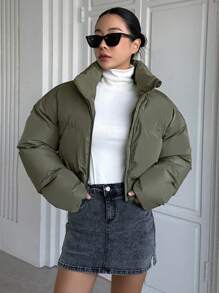 DAZY Áo khoác đệm hở vai có khóa kéo - màu xanh lá - Xem 5