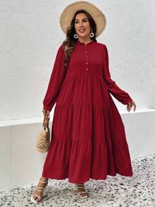 SHEIN LUNE 大碼半排扣多層荷葉邊娃娃裙 - 酒紅色 - 查看 5