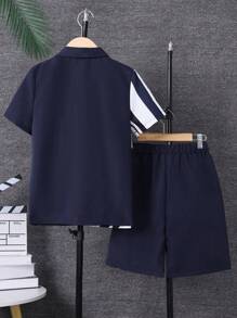 SHEIN Vacaura Tween Boy Striped Print Shirt & Shorts Without Tee Summer Holiday - Navy Blue - View 5