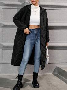 SHEIN Essnce Abrigo acolchado con capucha largo - Negro - Ver 1