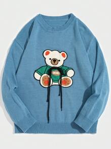 ROMWE MEN Street Life Guys Bear Pattern Drop Shoulder Sweater - Blue - View 1