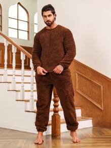 Men Solid Teddy PJ Set - Brown - View 4