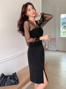 DAZY Contrast Mesh Flounce Sleeve Slit Hem Dress - Black - View 5