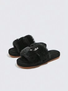 時尚潮流涼爽舒適防滑休閒家居冬季保暖毛絨拖鞋 - 黑色 - 查看 6