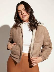 SHEIN BASICS Plus Zip Up Teddy Lined Jacket - Khaki - View 7