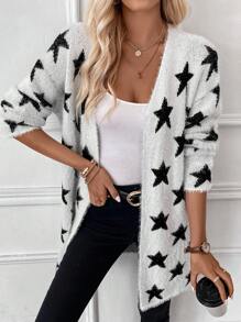 SHEIN LUNE 星星图案落肩开衫 - 白色 - 查看 1