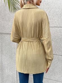 SHEIN Essnce 落肩袖腰帶襯衫 - 香檳色 - 查看 2