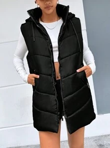 EURMUSE Zip Up Drawstring Hooded Puffer Vest Coat - Black - View 4
