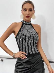 Allurite Studded Detail Halter Top - Black - View 1