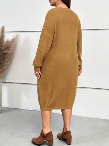 EMERY ROSE 大碼鈕扣細節落肩毛衣洋裝 - 駝色 - 查看 2