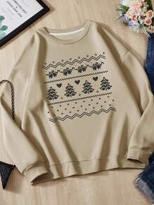 SHEIN EZwear Hơn In Giáng sinh Lót nhiệt Áo nỉ - Màu Khaki - Xem 5