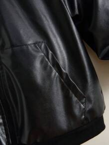 SHEIN 男小童拉鏈開襟加絨內裏連帽PU皮革夾克 - 黑色 - 查看 4