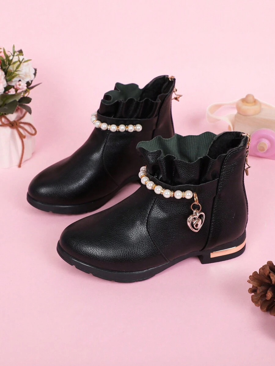 兒童時尚秋冬人造珍珠和荷葉邊設計休閒靴 - 黑色 - 查看 1