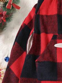 SHEIN Young Girl Buffalo Plaid & Elk Embroidery Hooded Teddy Lined Overcoat - Red - View 5
