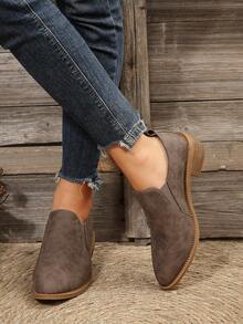 女式時尚尖頭粗跟/高跟短靴後拉鍊 - 咖啡棕 - 查看 6