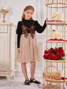 SHEIN Tween Girl Polka Dot Print Bow Front 2 In 1 Dress - Black - View 6