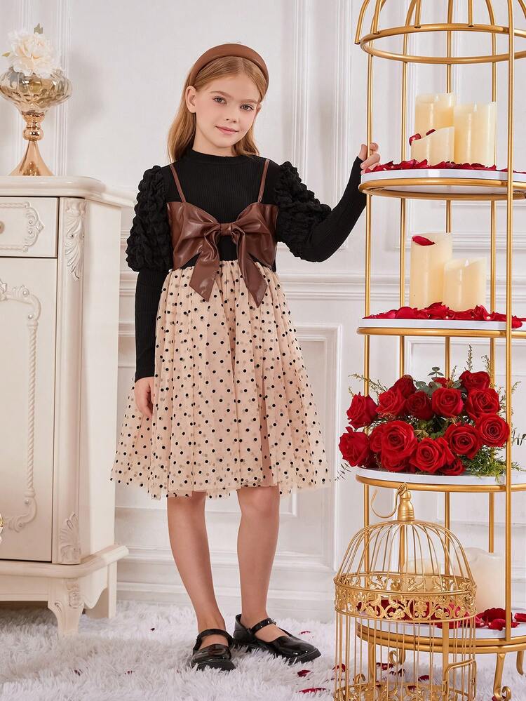 Tween Girl Polka Dot Print Bow Front 2 In 1 Dress