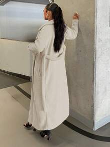 SHEIN SXY Double Breasted Belted Longline Teddy Coat - Beige - View 2