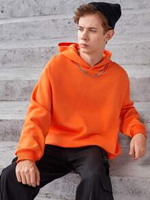 SHEIN Áo nỉ tay trễ vai in hình khẩu hiệu và hoạt hình dành cho thiếu niên nam - trái cam - Xem 4