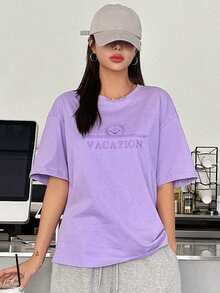 DAZY Letter Embroidery Drop Shoulder Tee - Purple - View 2