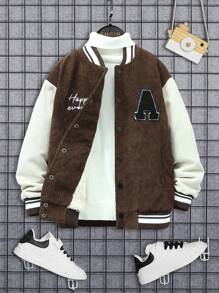 SHEIN Garoto pré-adolescente Letra Corrigida Guarnição Listrada Ombro Caído Forro de Pelúcia Jaqueta Varsity Sem Camiseta