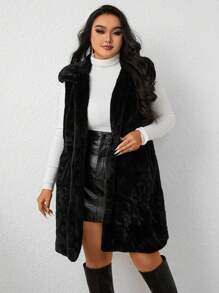 Celure Plus Size Women Solid Color Sleeveless Pocket Faux Fur Vest Jacket - Black - View 5