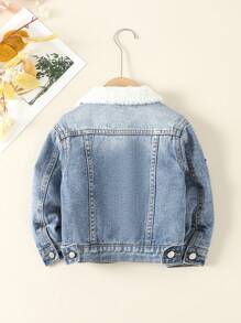 SHEIN Explorewe Young Boy Letter & Bear Patched Teddy Lined Denim Jacket - Light Wash - View 2