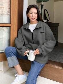 DAZY Thư được vá Một nửa khóa kéo Thả vai Teddy Áo nỉ - Màu xám đen - Xem 5