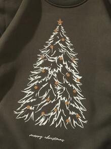 SHEIN Qutie 1pc Christmas Tree Print Thermal Lined Sweatshirt Pullover Fall Outfit - Army Green - View 6