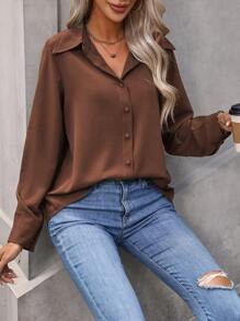 EMERY ROSE 纯色纽扣前襟衬衫、长袖上衣 - 咖啡棕 - 查看 5