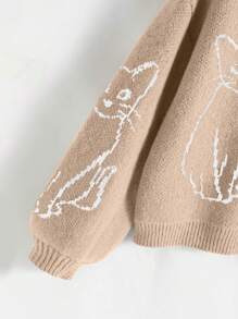 SHEIN Qutie Suéter con estampado de gato y hombros caídos - Caqui - Ver 3