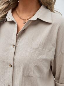 SHEIN Frenchy Plus Drop Shoulder Pocket Patched Shirt - Khaki - View 7